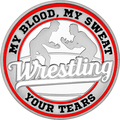 White "Wrestling" with Red Outer Circular Borders